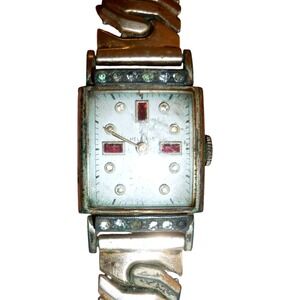 Vintage Helbros Tank Watch‎ Runs Art Deco Ruby Crystal Dial 10K GF Band